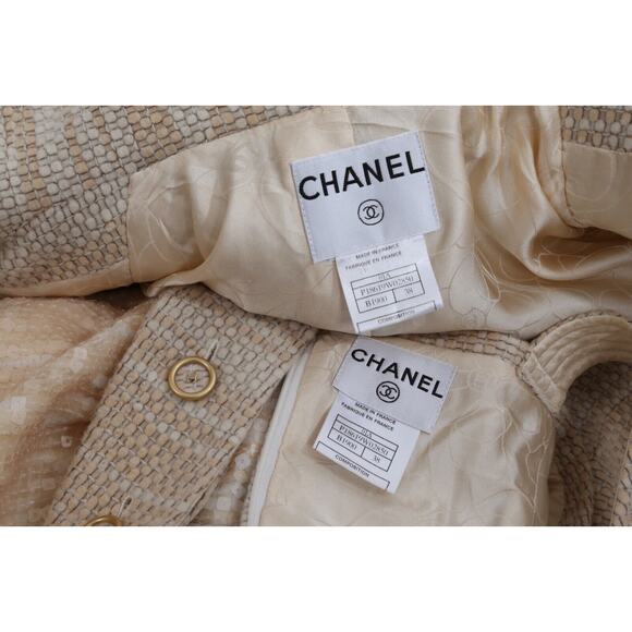 CHANEL 01A Fall 01 Beige 2 Piece Sleeveless Sequin Dress Maxi Tweed Coat Suit 38 - Picture 14 of 16